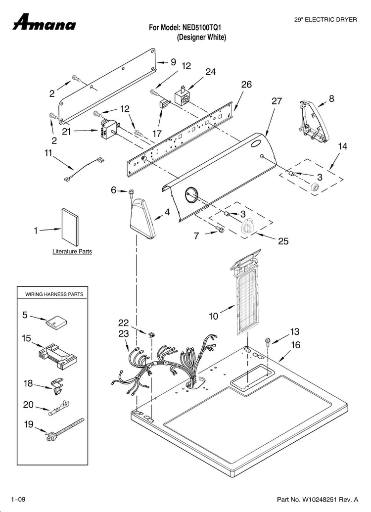 Top And Console Parts Diagram and Parts List for NED5100TQ1  Amana Dryer