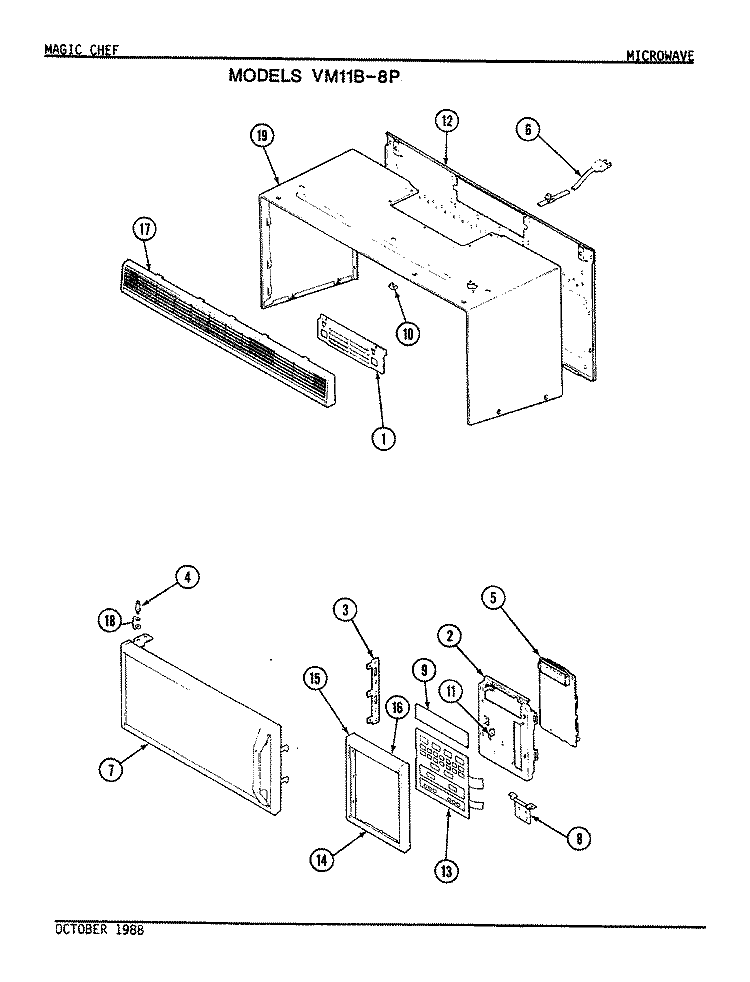 CONTROL, DOOR & WRAPPER Diagram and Parts List for VM11B-8PDY  Magic Chef Microwave
