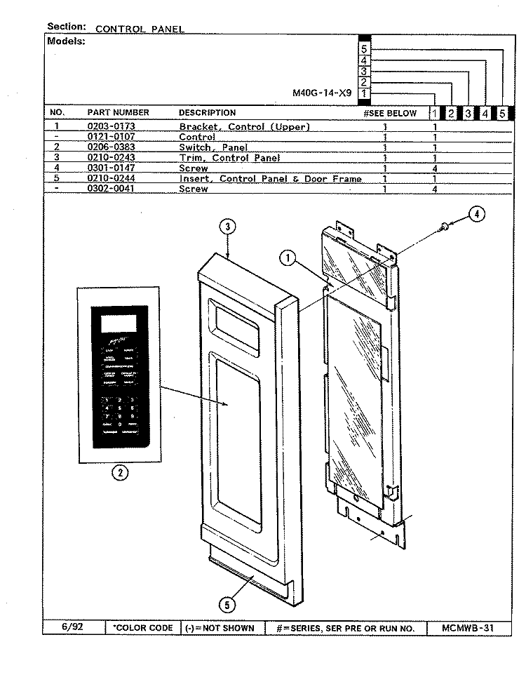 CONTROL PANEL Diagram and Parts List for M40G-14-X9  Magic Chef Microwave Oven Combo