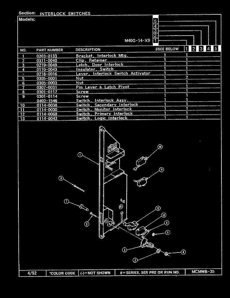 INTERLOCK SWITCHES Diagram and Parts List for M40G-14-X9  Magic Chef Microwave Oven Combo