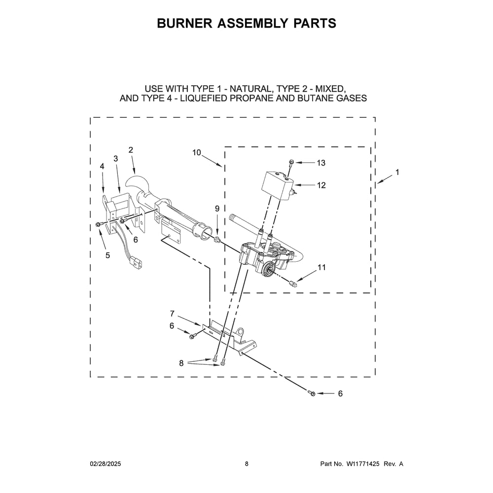 Burner Assembly Parts Diagram and Parts List for MGD4005SW0  Maytag Dryer