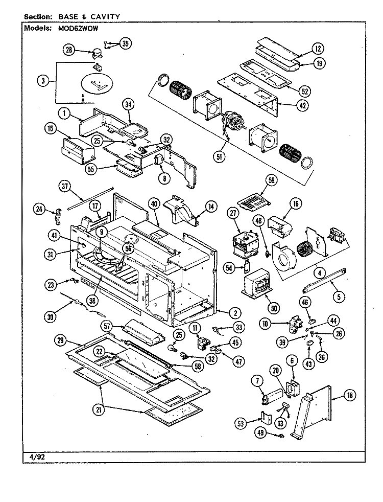BASE & CAVITY Diagram and Parts List for MOD62WOW  Magic Chef Microwave