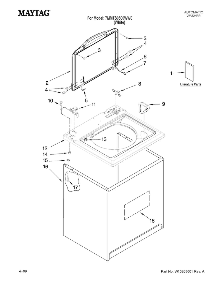 Top And Cabinet Parts Diagram and Parts List for 7MMTS0500WW0  Maytag Washer