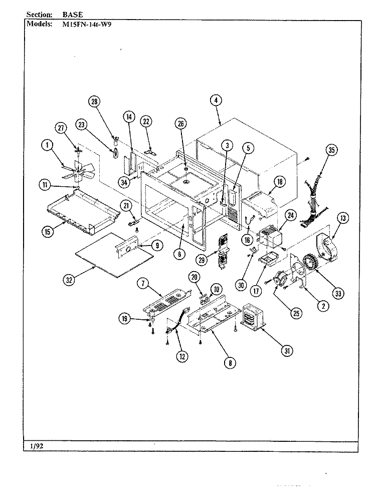 BASE & CAVITY Diagram and Parts List for M15FN-14T-W9  Magic Chef Microwave