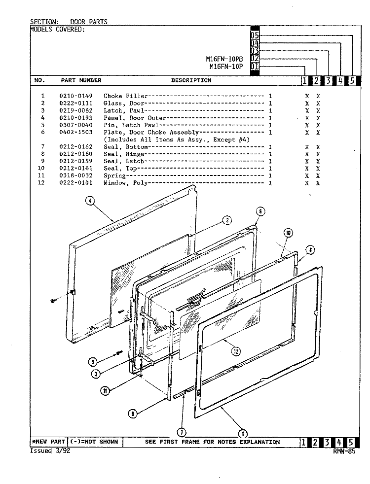 DOOR Diagram and Parts List for M16FN-10PB  Magic Chef Microwave
