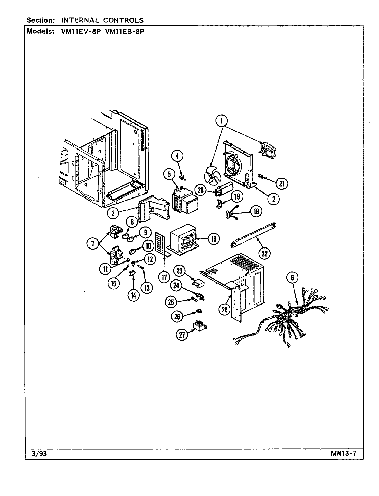 INTERNAL CONTROLS Diagram and Parts List for VM11EV-8P  Magic Chef Microwave
