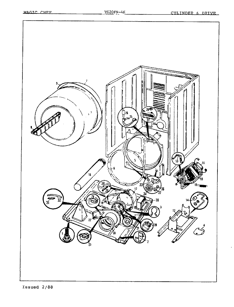 CYLINDER & DRIVE Diagram and Parts List for YG20FA4K  Magic Chef Dryer