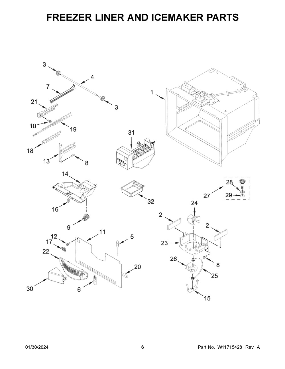 Freezer Liner And Icemaker Parts Diagram and Parts List for MBF2258FEZ08  Maytag Refrigerator