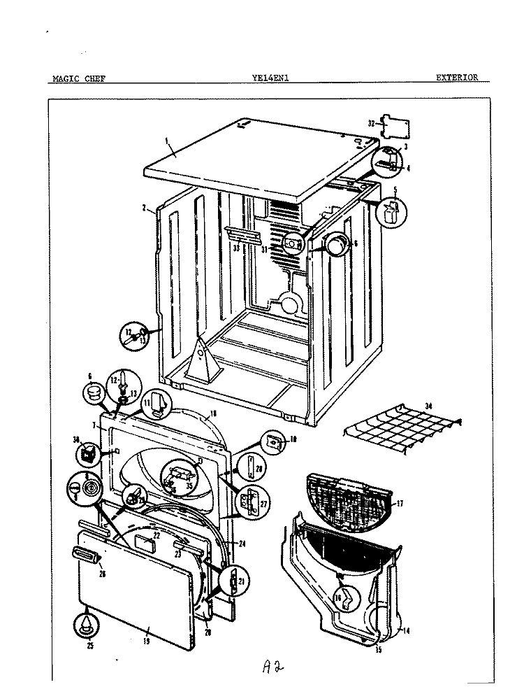 EXTERIOR Diagram and Parts List for YE14EA1  Magic Chef Dryer