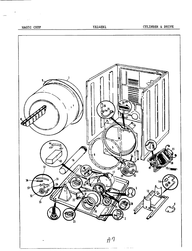 CYLINDER & DRIVE Diagram and Parts List for YE14EA1  Magic Chef Dryer