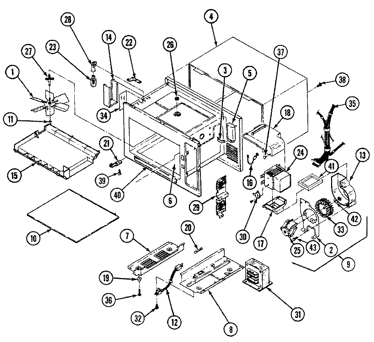 BASE & CAVITY Diagram and Parts List for DM60B  Magic Chef Microwave