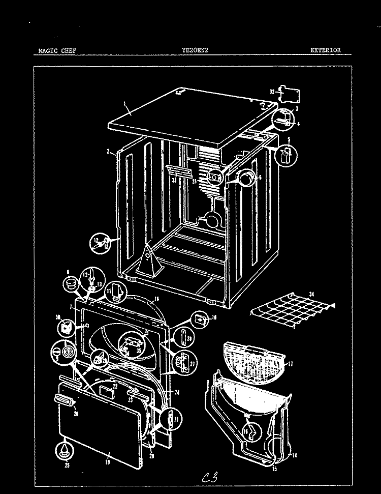 EXTERIOR Diagram and Parts List for YE20EN2  Magic Chef Dryer