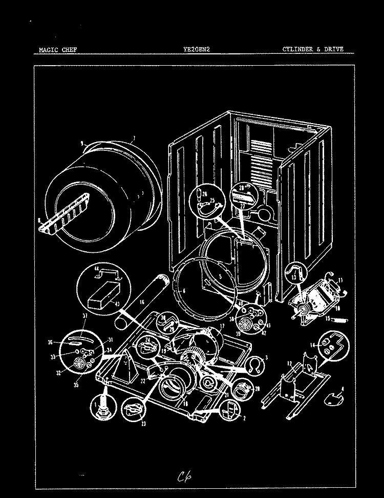 CYLINDER & DRIVE Diagram and Parts List for YE20EN2  Magic Chef Dryer