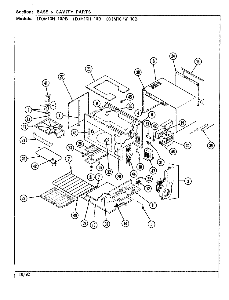 BASE & CAVITY Diagram and Parts List for DM16H-10PB  Maytag Microwave