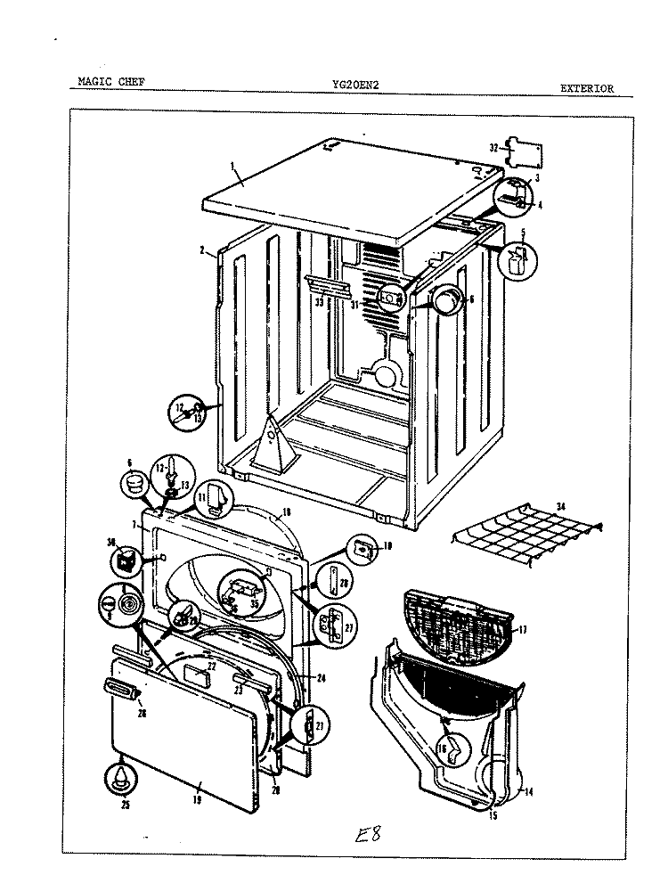EXTERIOR Diagram and Parts List for YG20EN1  Magic Chef Dryer