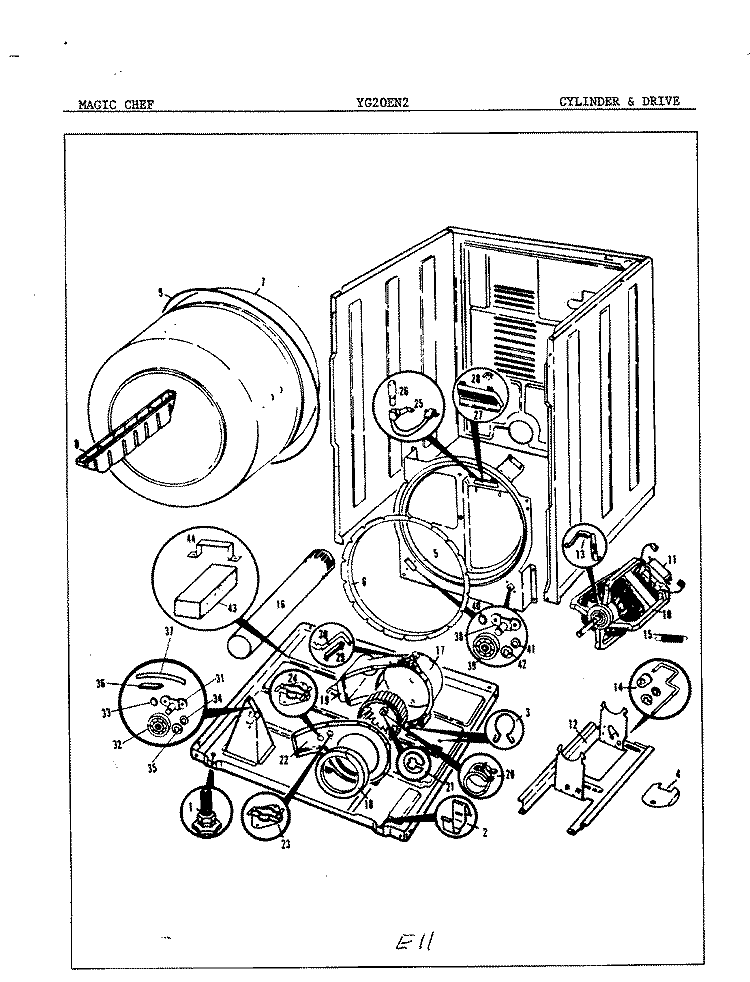 CYLINDER & DRIVE Diagram and Parts List for YG20EA1  Magic Chef Dryer
