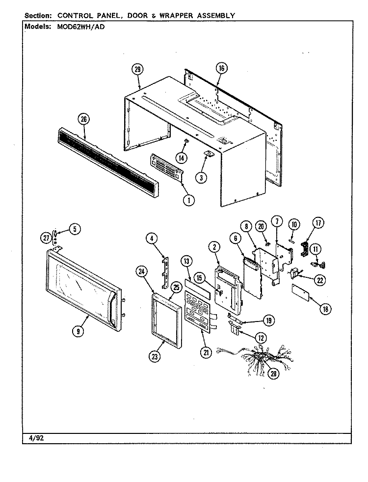 CONTROL PANEL, DOOR & WRAPPER ASSEMBLY Diagram and Parts List for MOD62AD  Magic Chef Microwave