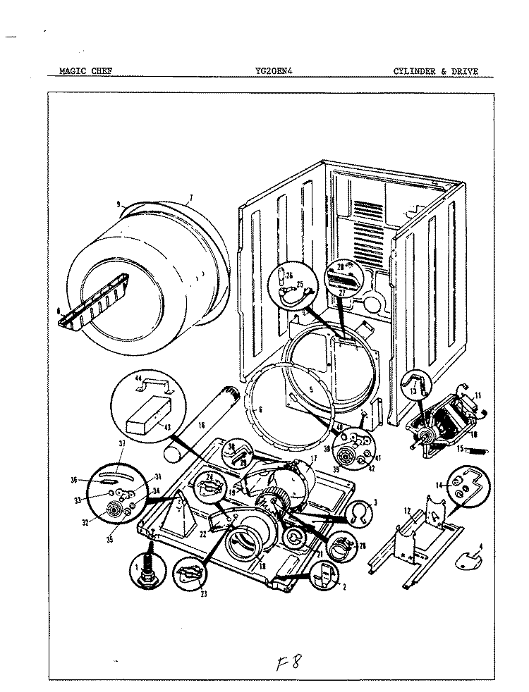 CYLINDER & DRIVE Diagram and Parts List for YG20EY2  Magic Chef Dryer