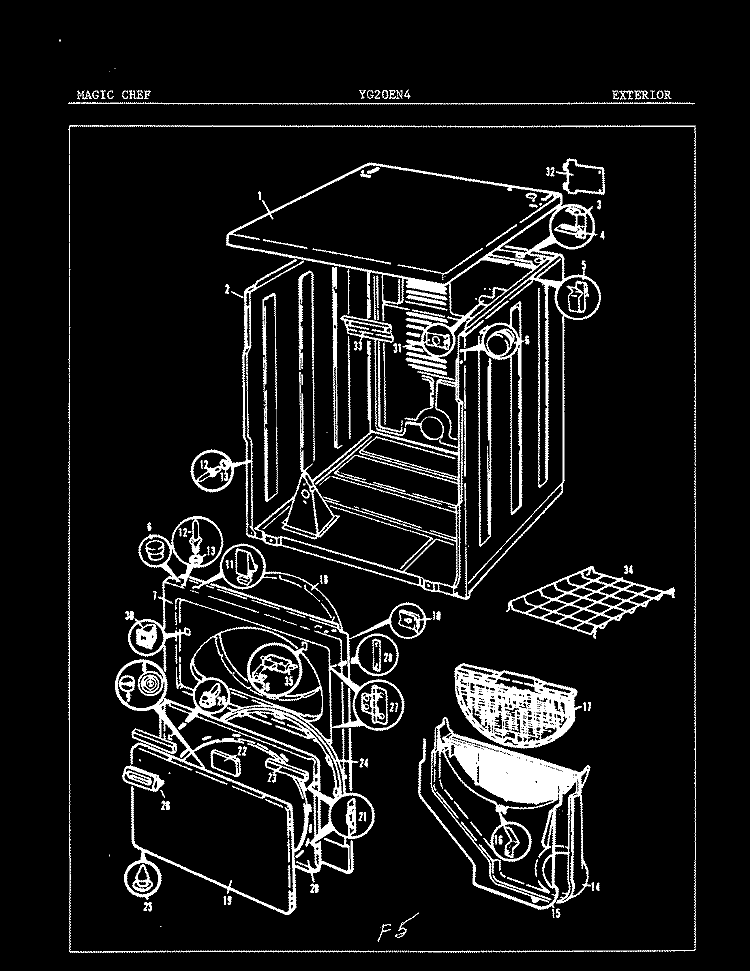 EXTERIOR Diagram and Parts List for YG20EN4  Magic Chef Dryer