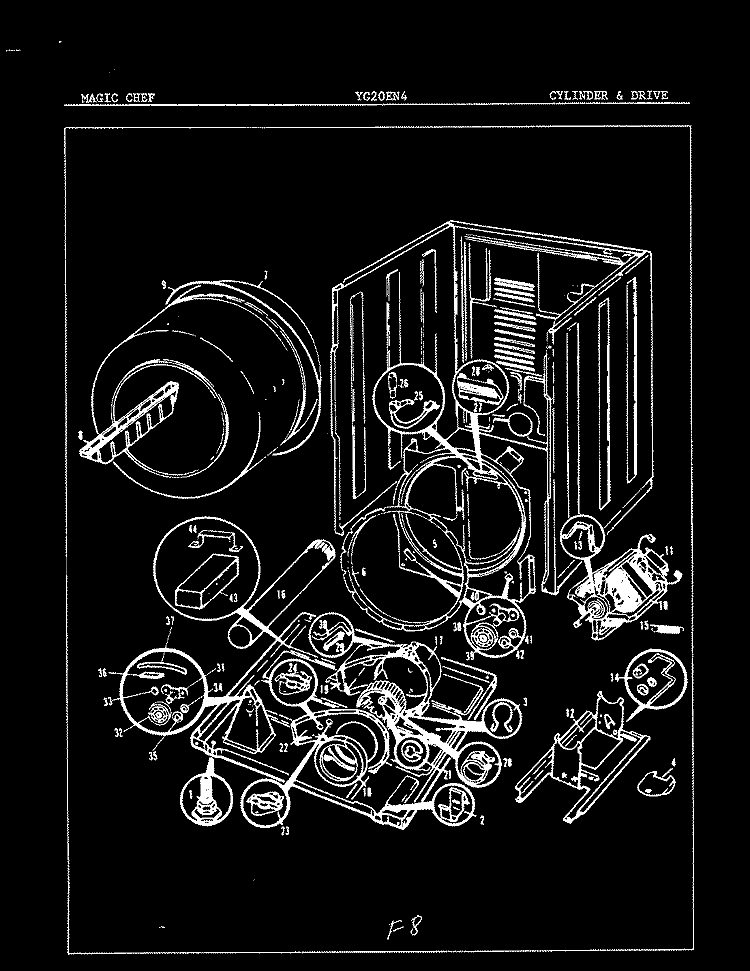 CYLINDER & DRIVE Diagram and Parts List for YG20EY4  Magic Chef Dryer