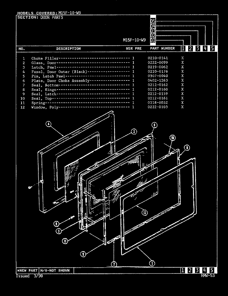 DOOR Diagram and Parts List for M15F-10-W9  Magic Chef Microwave