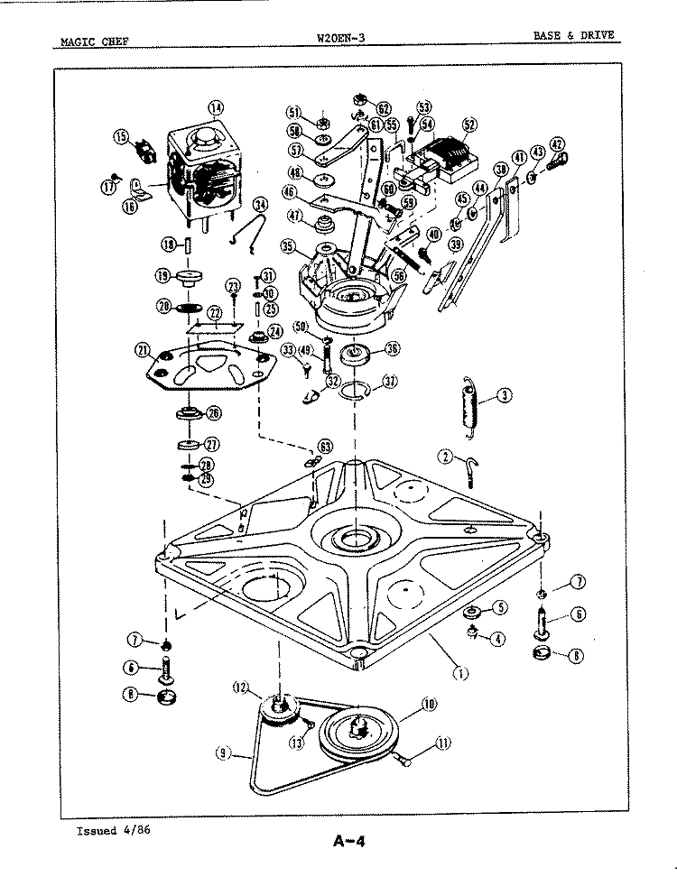 BASE & DRIVE Diagram and Parts List for W20EA3  Magic Chef Washer