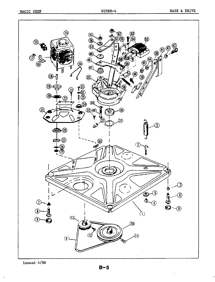 BASE & DRIVE Diagram and Parts List for W20EA4  Magic Chef Washer