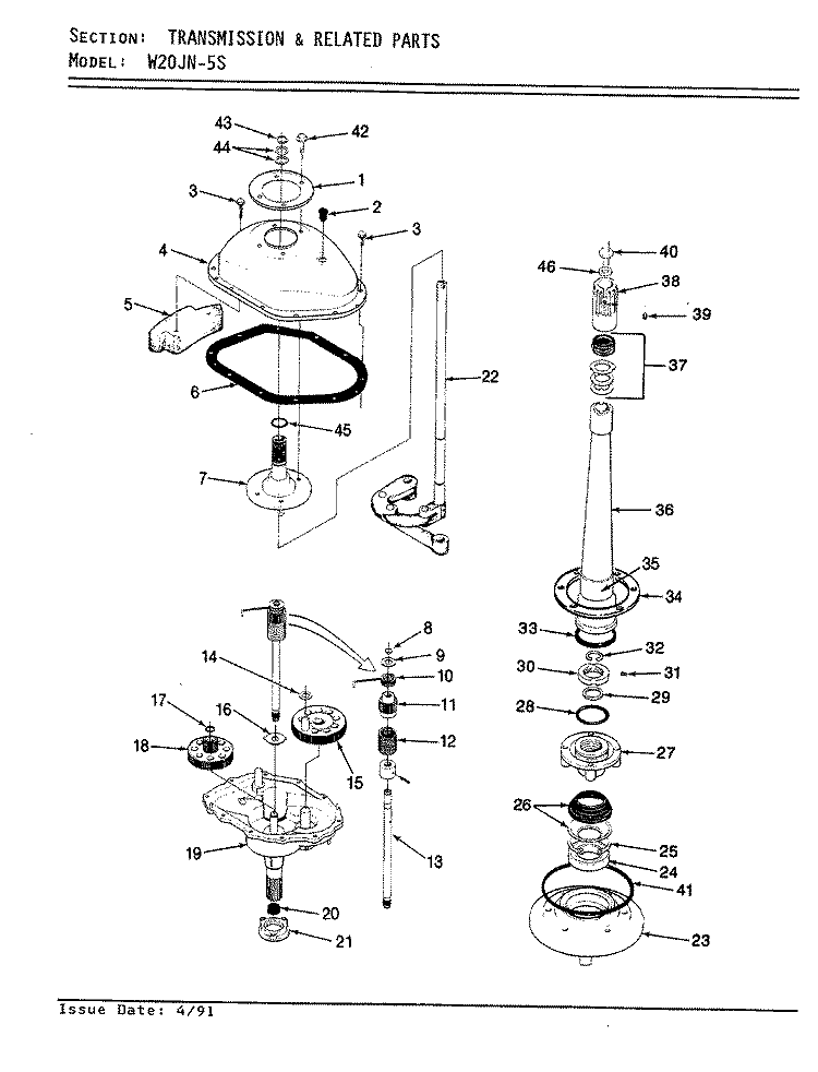 TRANSMISSION Diagram and Parts List for W20JA5S  Magic Chef Washer