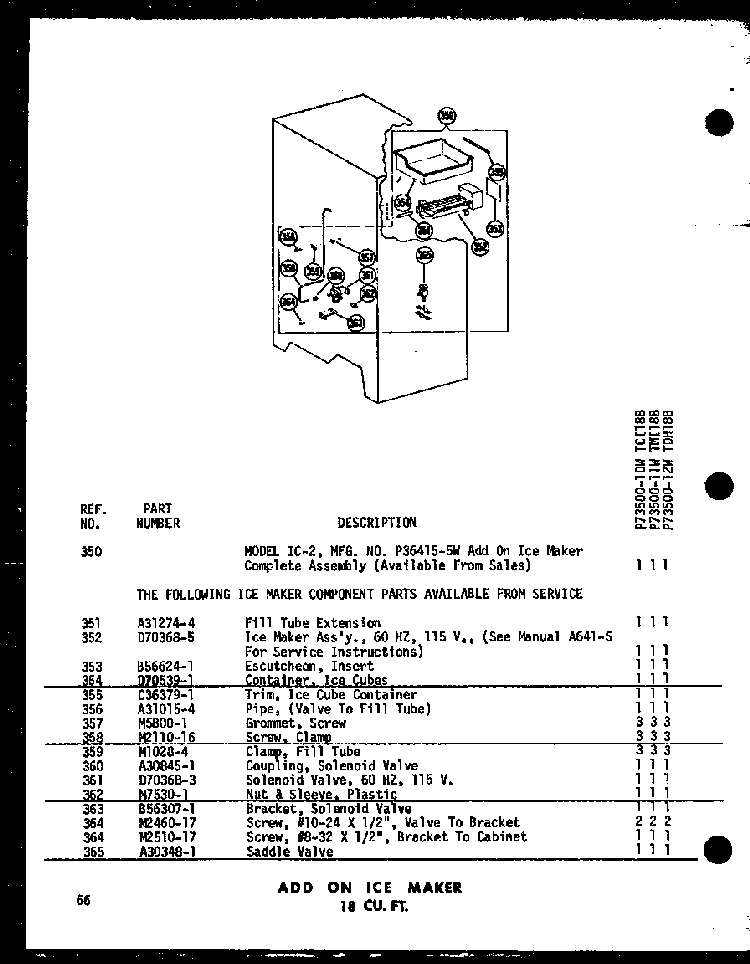 Add On Ice Maker 18 Cu. Ft. Diagram and Parts List for TC18B-P73500-7W  Amana Refrigerator
