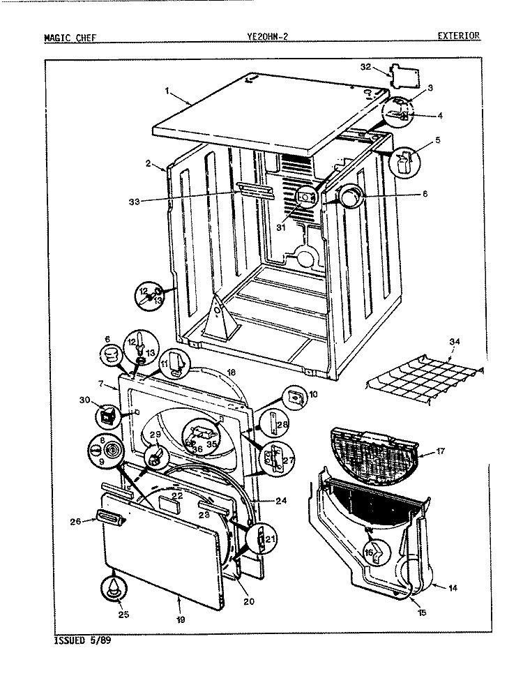 EXTERIOR Diagram and Parts List for YE20HA2  Magic Chef Dryer