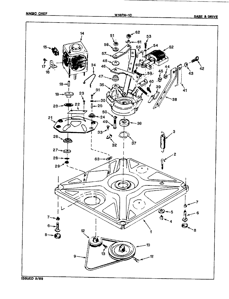 BASE & DRIVE Diagram and Parts List for W18FA1C  Magic Chef Washer