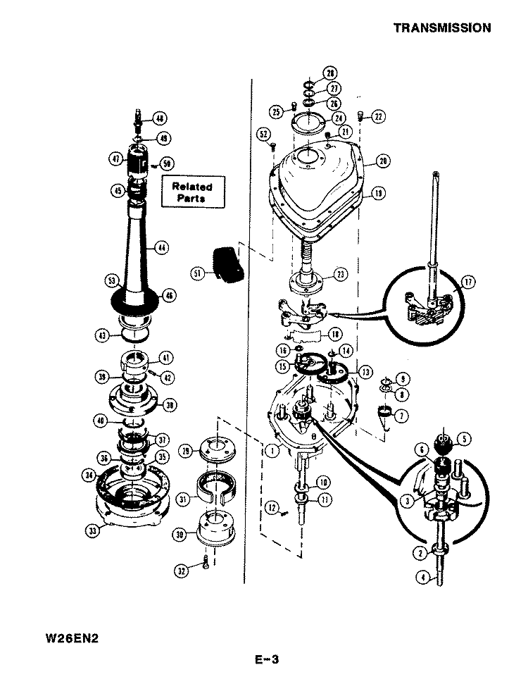 TRANSMISSION Diagram and Parts List for W26EY2  Magic Chef Washer