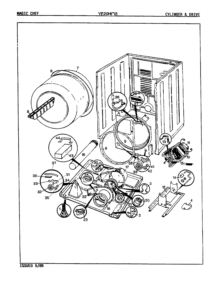 CYLINDER & DRIVE (REV. E & F) Diagram and Parts List for YE20HA3  Magic Chef Dryer