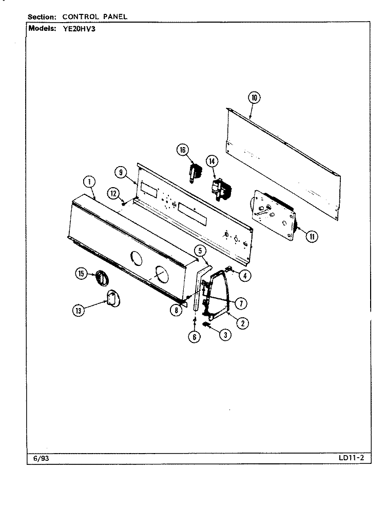 CONTROL PANEL (YE20HV3) Diagram and Parts List for YE20HV3  Magic Chef Dryer
