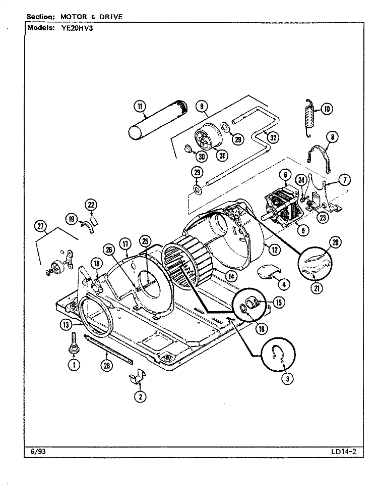 MOTOR & DRIVE (YE20HV3) Diagram and Parts List for YE20HV3  Magic Chef Dryer