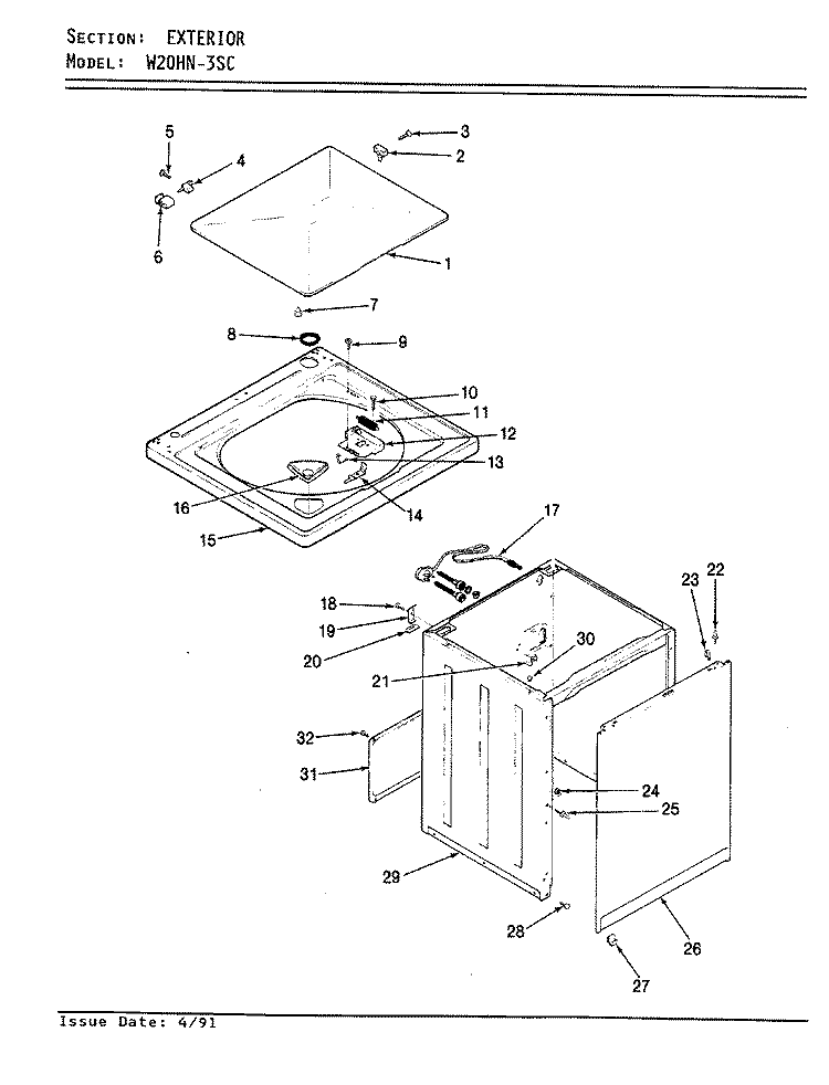 EXTERIOR Diagram and Parts List for W20HN3SC  Magic Chef Washer