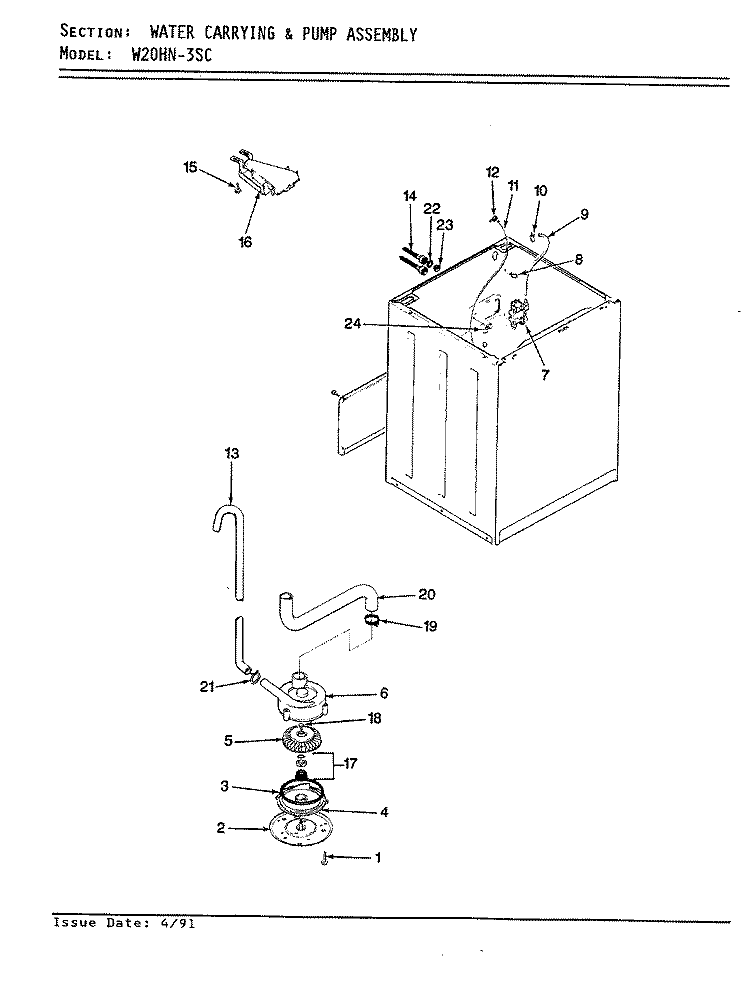 WATER CARRYING & PUMP ASSEMBLY Diagram and Parts List for W20HA3SC  Magic Chef Washer