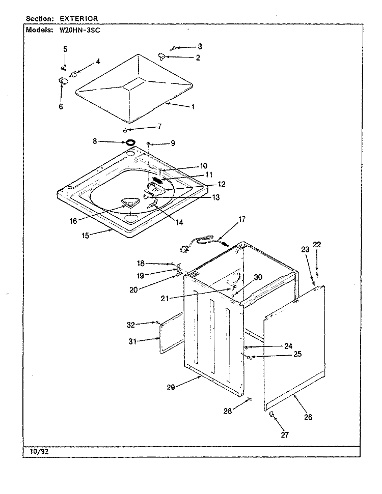EXTERIOR (REV. A - E) Diagram and Parts List for W20HN3SC  Magic Chef Washer