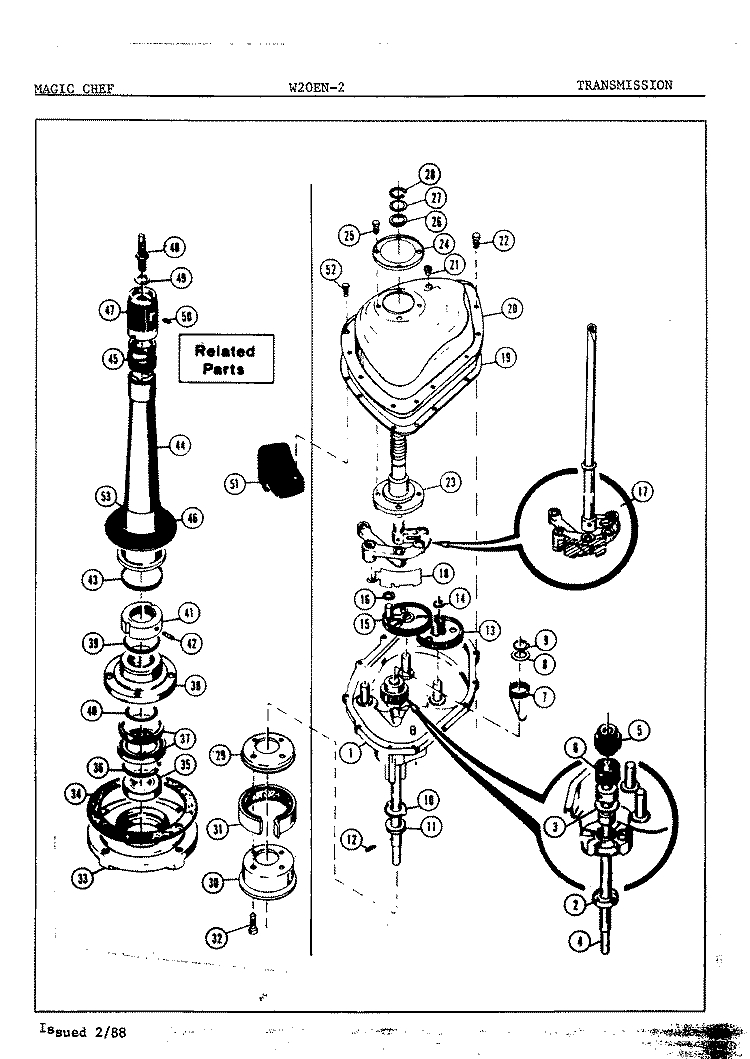 TRANSMISSION Diagram and Parts List for W20EA2  Magic Chef Washer