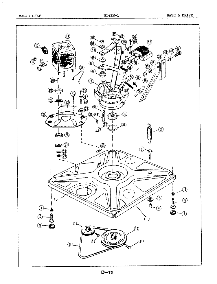 BASE & DRIVE Diagram and Parts List for W14EA1  Magic Chef Washer