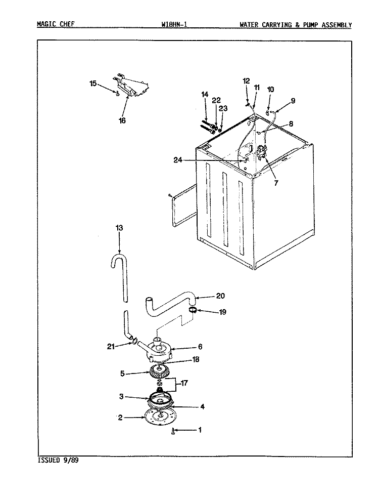 WATER CARRYING & PUMP ASSY. (REV. A - C) Diagram and Parts List for W18HA1  Magic Chef Washer