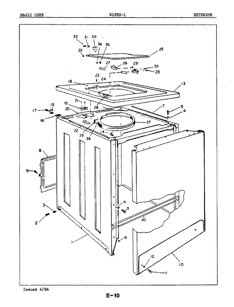EXTERIOR Diagram and Parts List for W18EN1  Magic Chef Washer