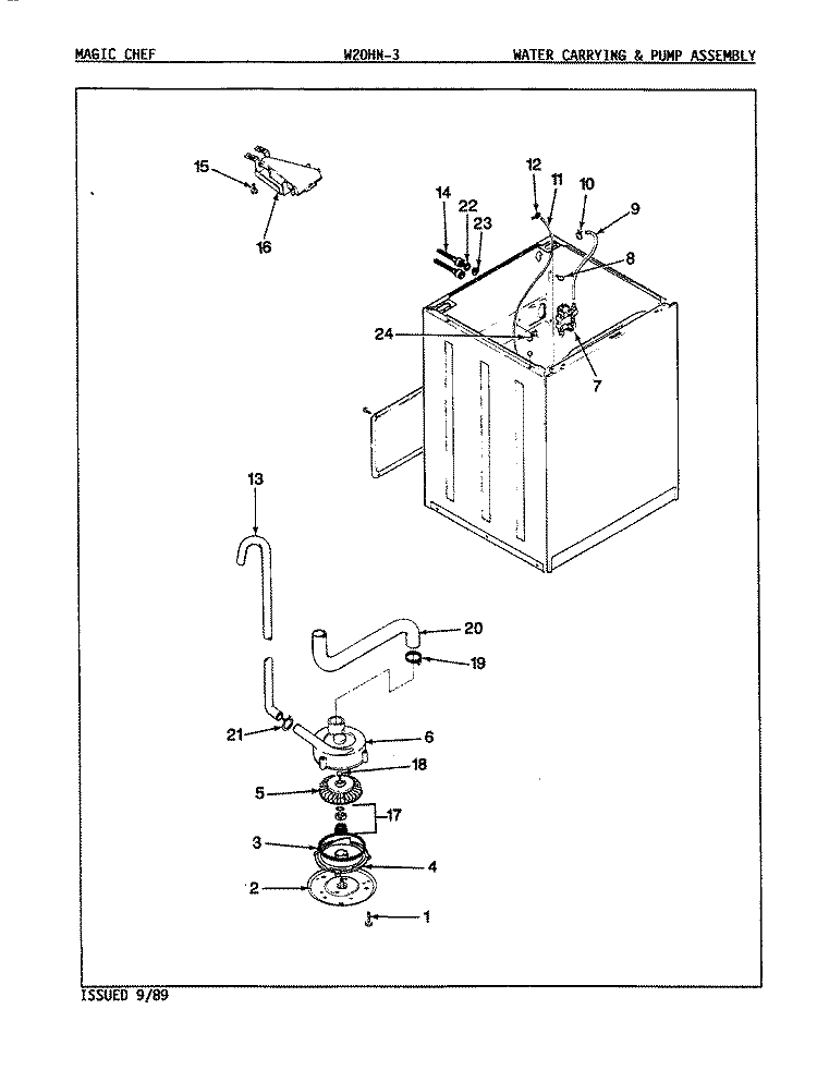 WATER CARRYING & PUMP ASSY. (REV. E - J) Diagram and Parts List for W20HY3  Magic Chef Washer
