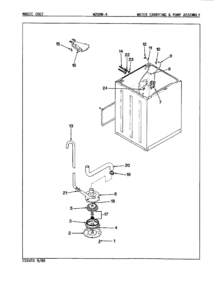 WATER CARRYING & PUMP ASSEMBLY Diagram and Parts List for W20HY4  Magic Chef Washer