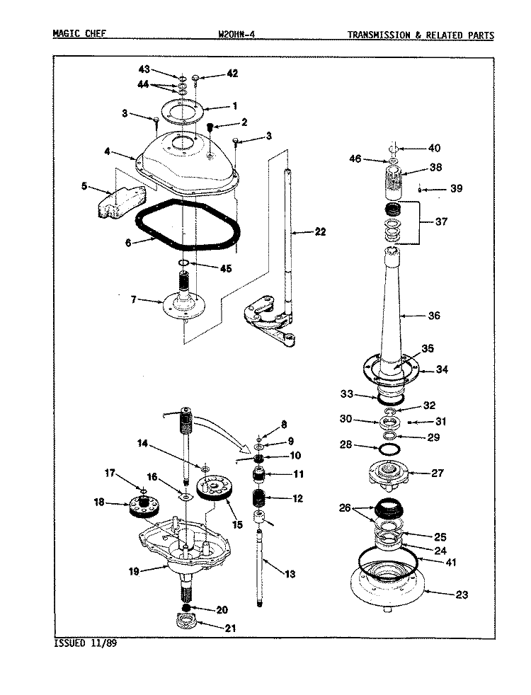 TRANSMISSION Diagram and Parts List for W20HY4  Magic Chef Washer