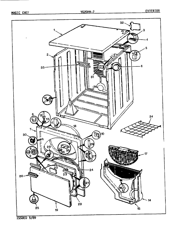 EXTERIOR Diagram and Parts List for YG20HA2  Magic Chef Dryer