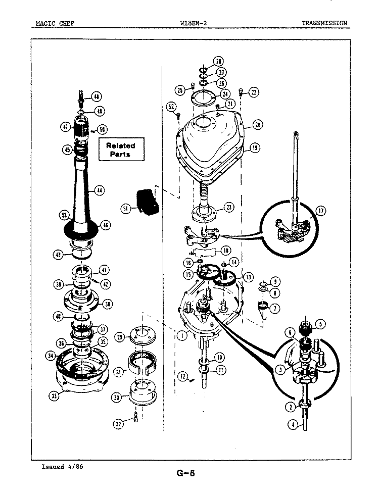TRANSMISSION Diagram and Parts List for W18EY2  Magic Chef Washer