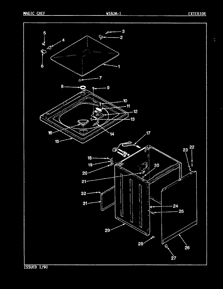 EXTERIOR Diagram and Parts List for W18JN1  Magic Chef Washer