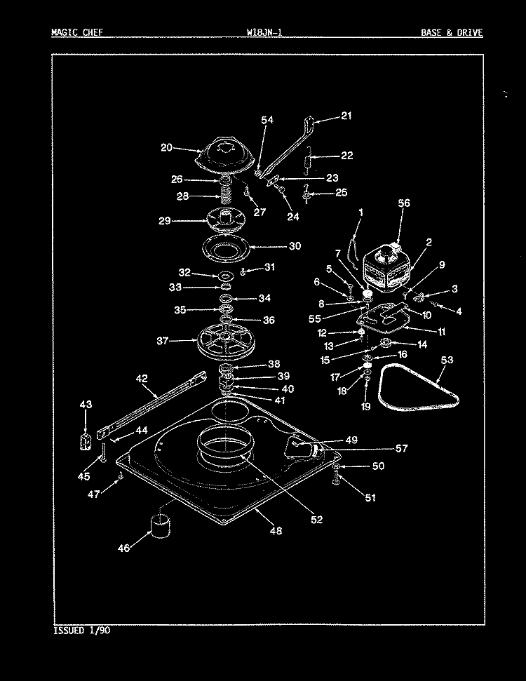 BASE & DRIVE Diagram and Parts List for W18JN1  Magic Chef Washer