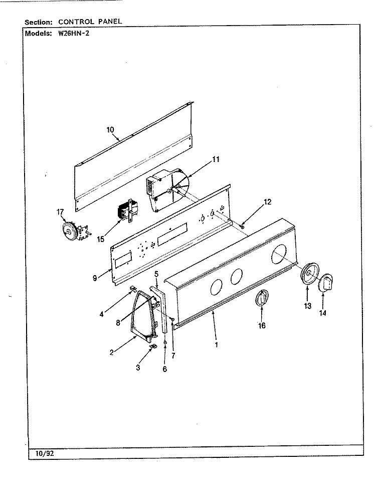 CONTROL PANEL (W26HN2) Diagram and Parts List for W26HY2  Magic Chef Washer